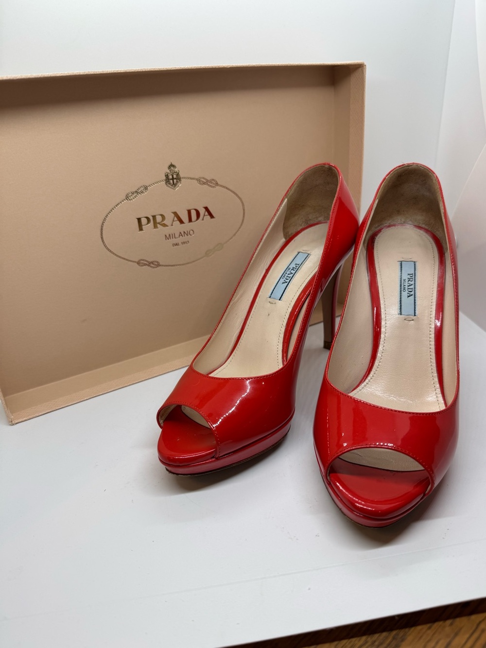 Prada Red Patent Leather Peep-Toe Pumps